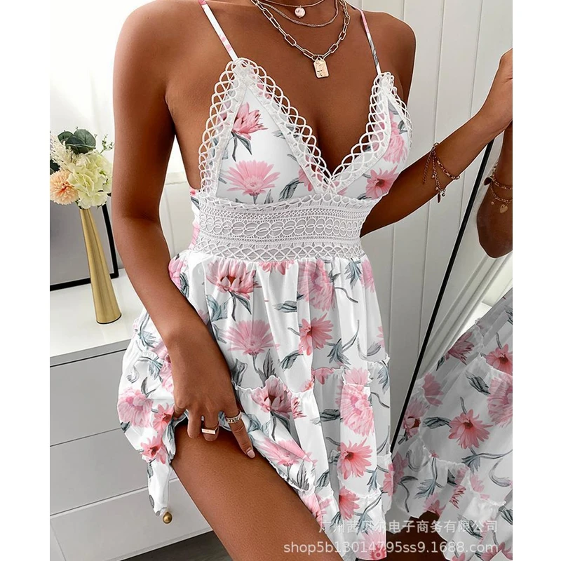 

WEPBEL Spaghetti Strap Dress Women's Sexy Mesh Stitching Ruffle Dress Summer Fashion Slim High Waist V-neck Backless Dress