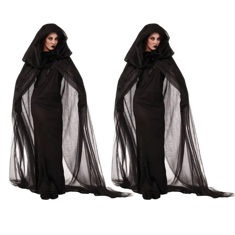 

K3NF Women Halloween Witch Demon Vampire Uniform Set Black Sleeveless Long Dress Hooded Cape Cloak with Gloves Party Scary
