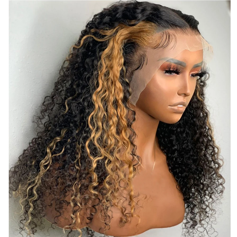 

RONGDUOYI Synthetic Lace Wigs for Women Long Kinky Curly Wig Highlight Brown Lace Front Wig High Temperature Fiber Cosplay Wigs