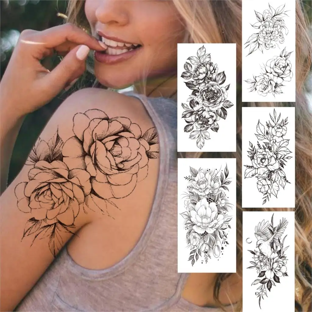 

Flower Peony Rose Temporary Tattoos For Women Girls Realistic Fake Orchid Dahlia Tattoo Sticker Black Transferable Decor Tatoos