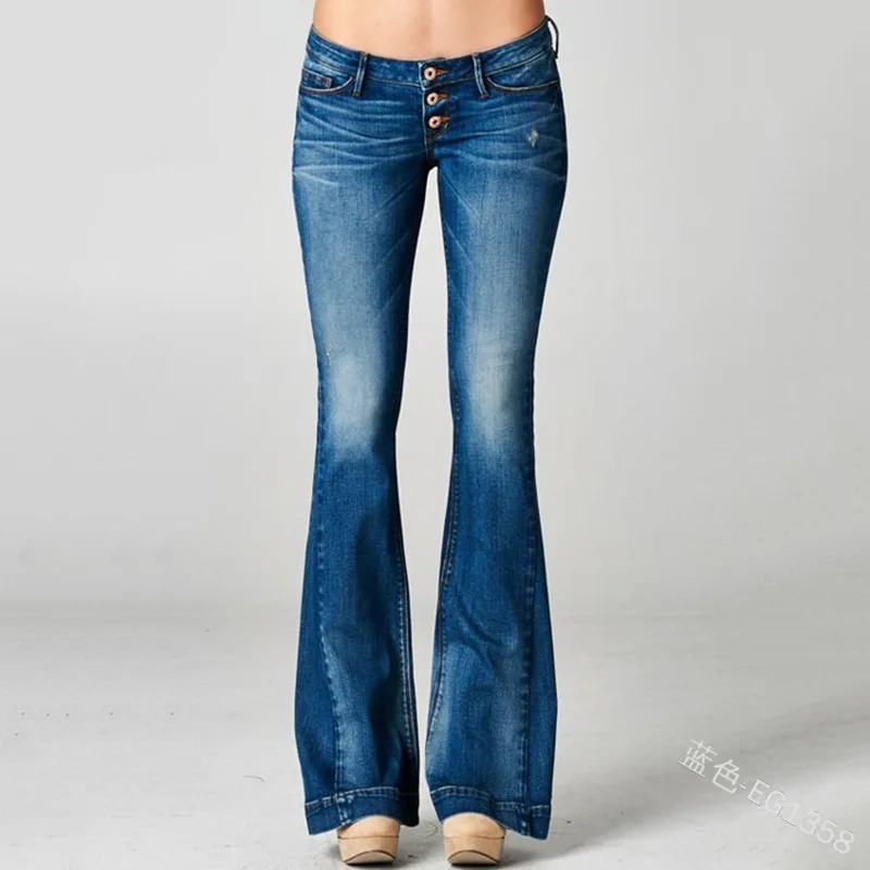 

WEPBEL Women's Casual Low Waist Button Fly Denim Flare Pants Spring and Autumn Solid Color Washed Vintage Jeans
