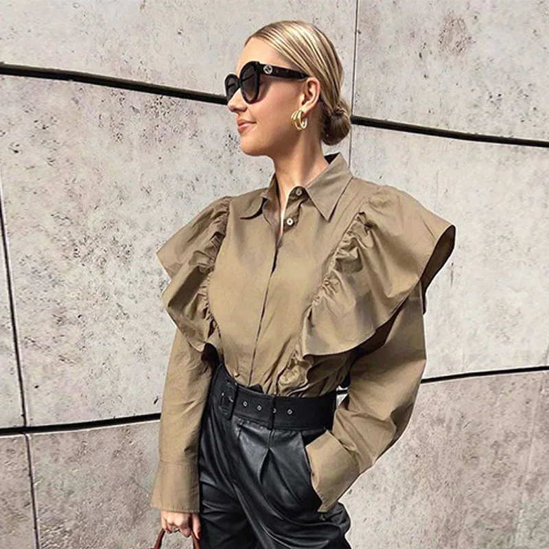 Элегантная плиссированная Блузка цвета хаки с длинным рукавом женские блузки