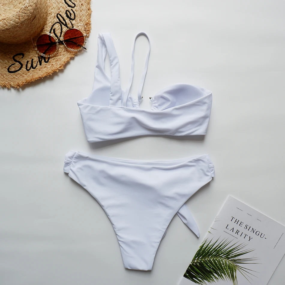 

Pocket Girl 2020 Women Beach Mujer Swimsuit Female Bikini Set Irregular Swimwear Women Bathing Suit One Shoulder Swimming Suit