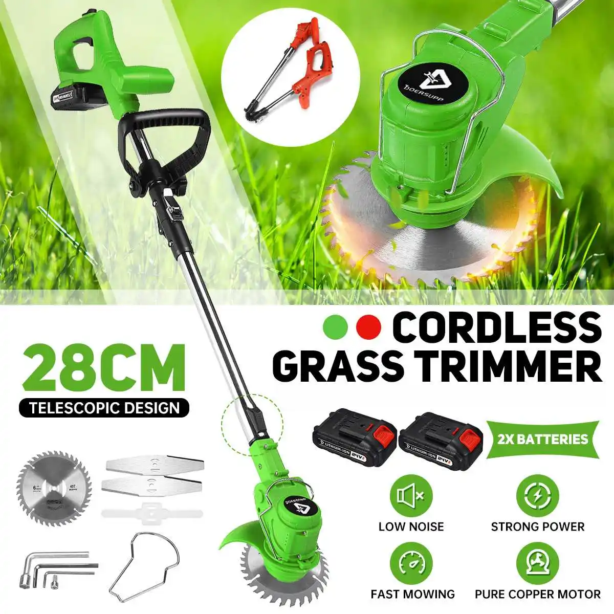 2000W Cordless Grass Trimmer Electric Lawn Mower Foldable Length Adjustable Garden Cutter Pruning Tool + 1/2pcs Li-Ion Battery