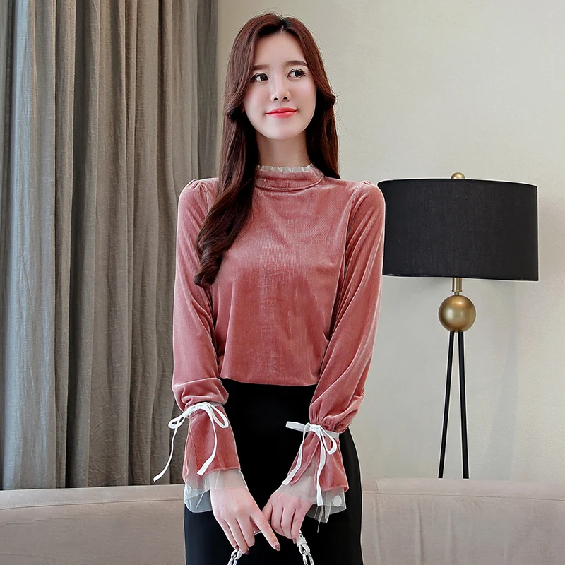 Новинка 2019 осенние женские рубашки с расклешенными рукавами воротником-стойкой