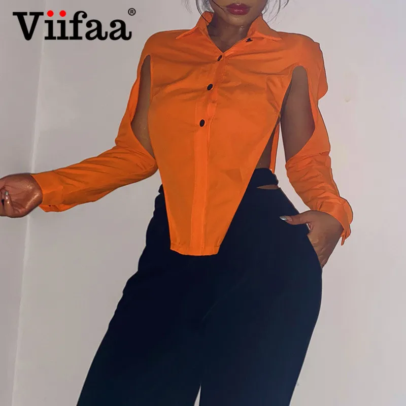 

Оранжевые пикантные вечерние топы viнастроа осень 2021 женская модная блузка с длинным рукавом Однотонная рубашка на пуговицах