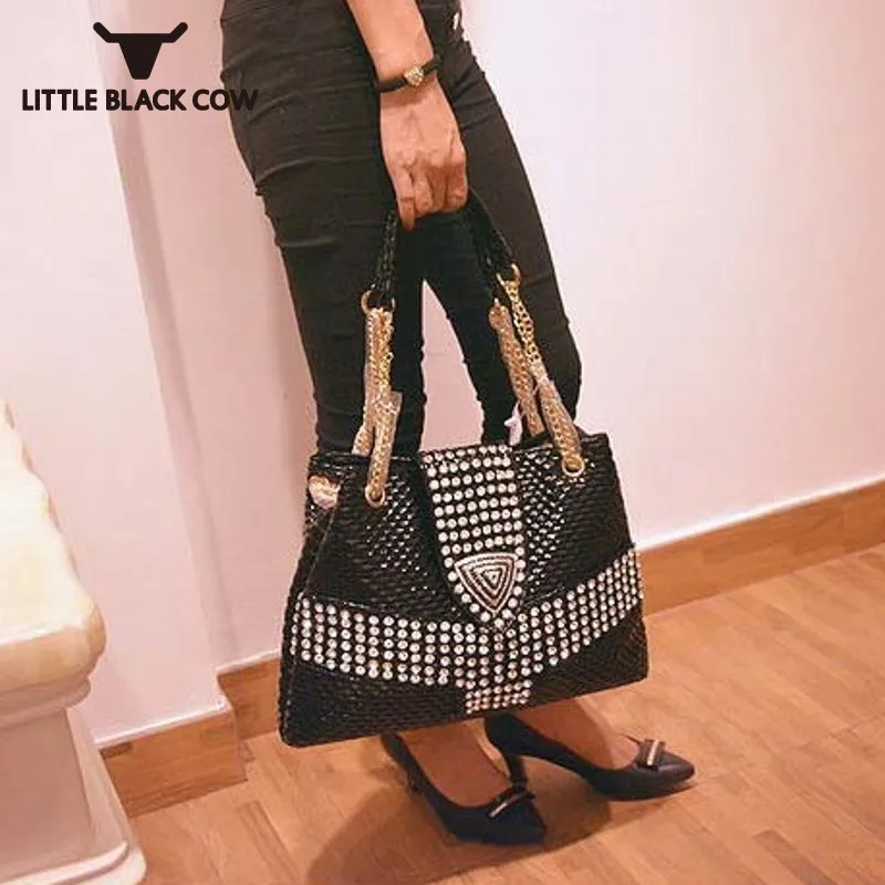 

Fashion Women Bling Diamonds Chain Big Capacity Handbag Rhinestone Pu Leather Shoulder Bag Office Party Bucket Crossbody Bags