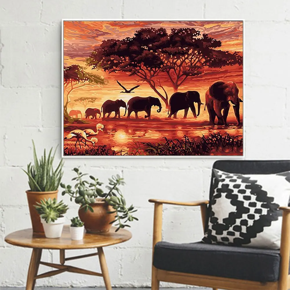Африканский Саванна Алмазная картина животные на закате круглый полный дрель