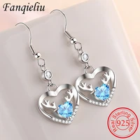 fanqieliu real 925 sterling silver drop earrings woman vintage antlers hollow out heart crystal dangler for girl fql21439