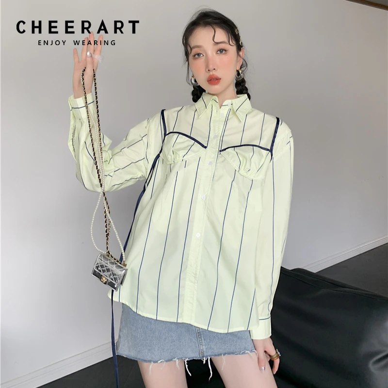 

CHEERART Designer Shirt Fall 2021 Women Fashion Striped Button Up Long Sleeve Top And Blouse Green Ribbon Collared Shirt Fashion