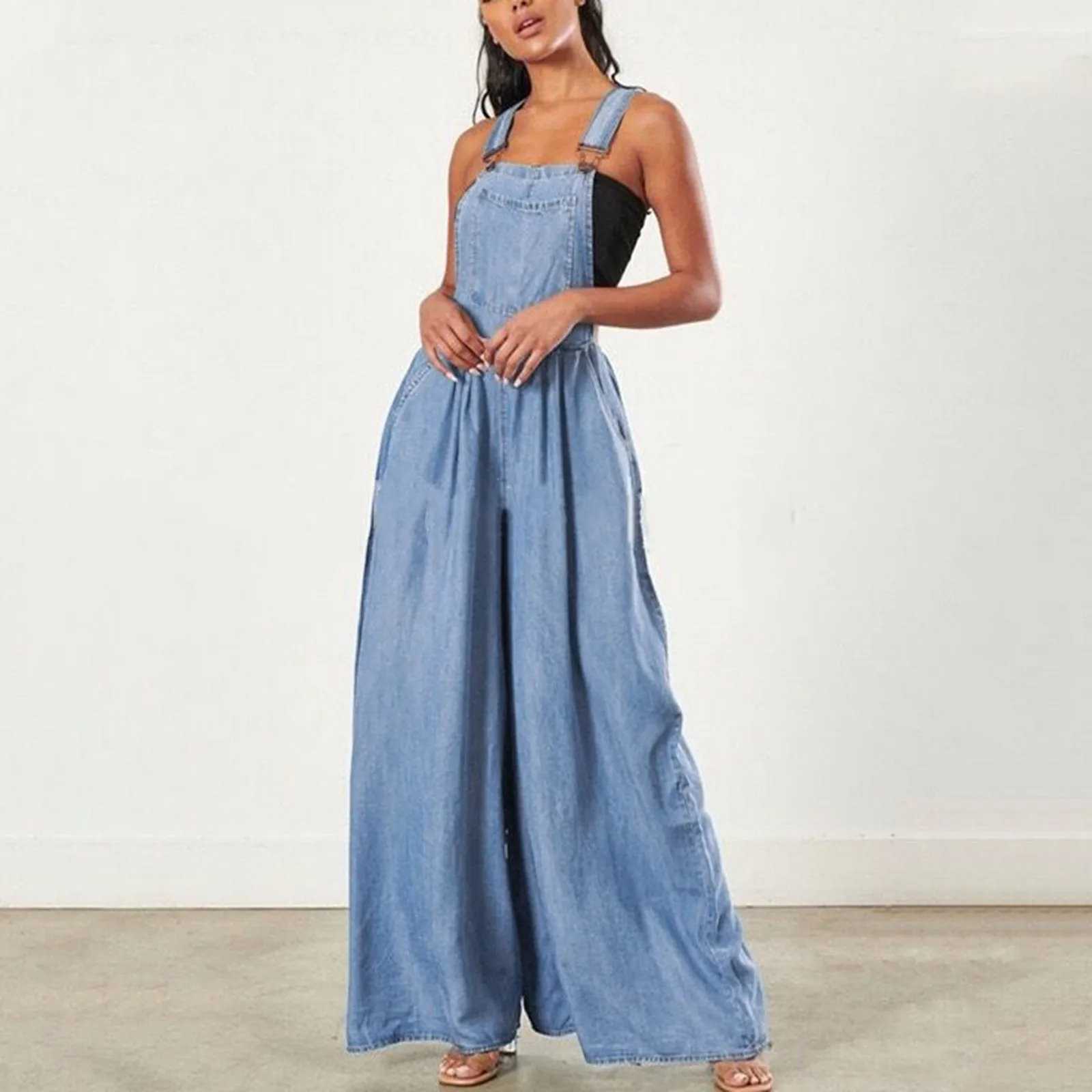 

Women's Solid Color Jumpsuits Fashion Casual Suspenders Denim Sleeveless Jumpsuits Loose Overalls Wide Leg Pants Women Боди
