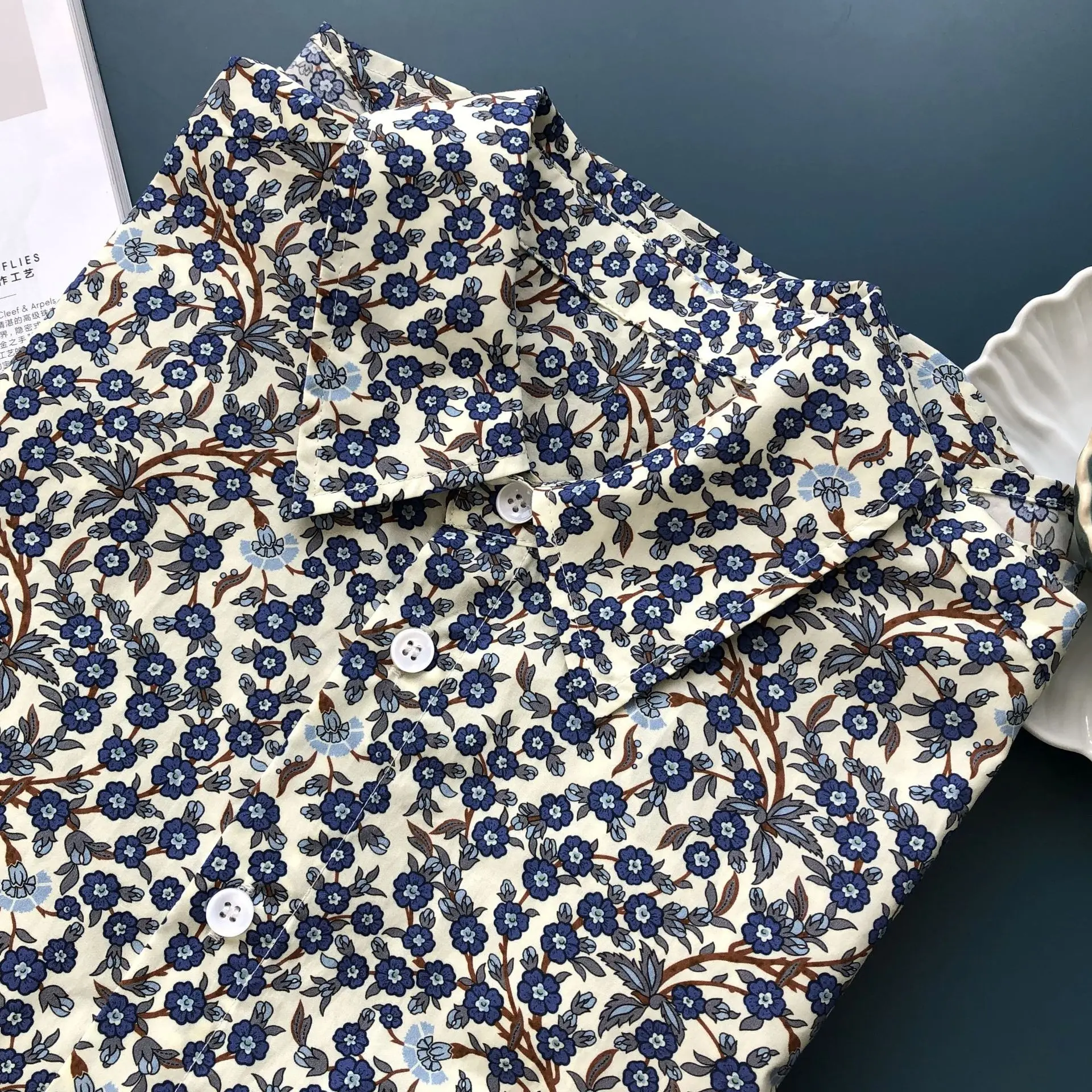 

Brand Fashion Women High Spring Autumn Vintage Elegant Printing Flower Cotton Loose Shirt Blouse