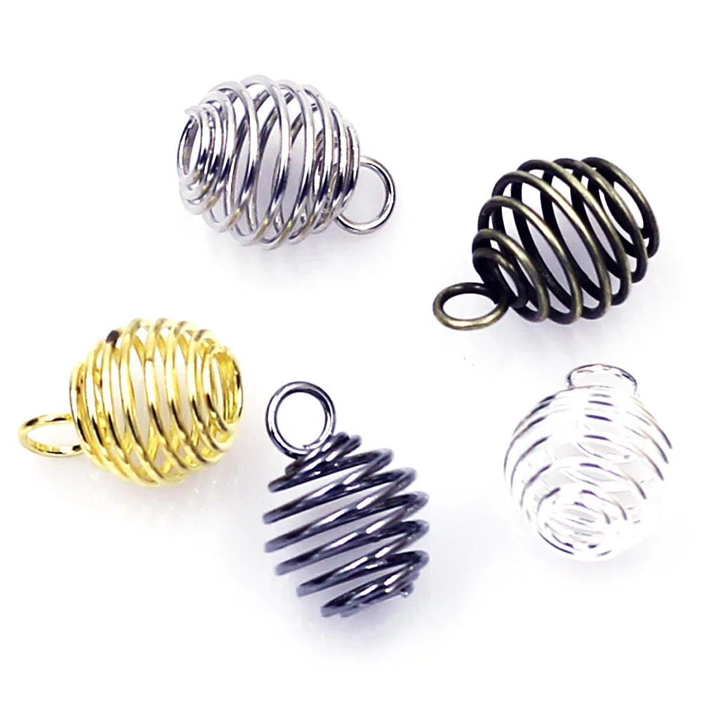 

50 Lantern Spring Spiral Bead Cages Pendants Silver Gold Bronze Gunmetal Color Alloy For Necklace Jewelry DIY Finding Charms 9mm