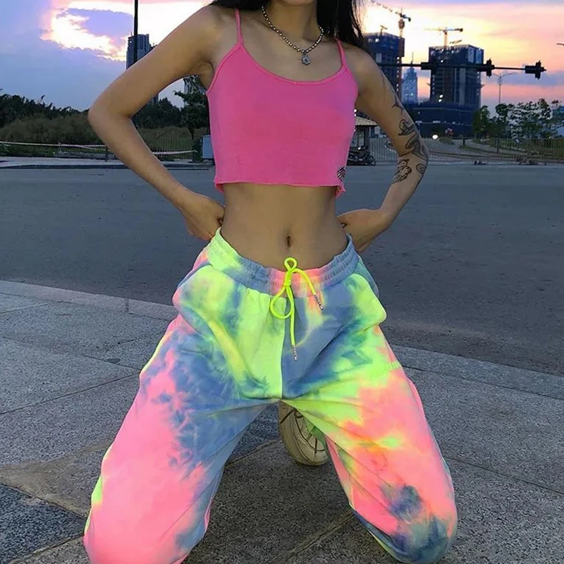 

HOUZHOU Tie Dye Y2k Harem Pants Women Streetwear Harajuku Hip Hop High Waist Baggy 90s Aesthetic Straight Sweatpants Oversize