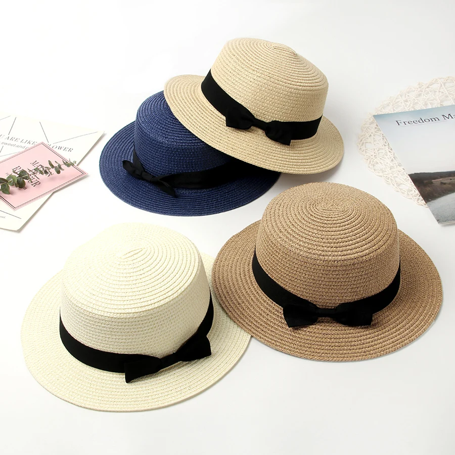 

Summer Women Hat Beach Straw Hat Panama Ladies Cap Fashionable Handmade Casual Flat Brim Bowknot Sun Hats for Women 2020