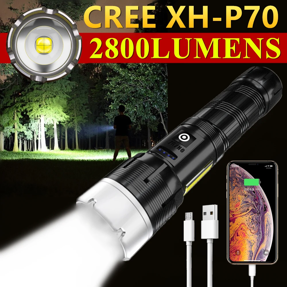 

CREE XHP70+COB Powerful LED Flashlight USB Recharge XHP160 Zoom Torch IPX6 Waterproof XHP90 Tactical Flash Lamp Light By 26650