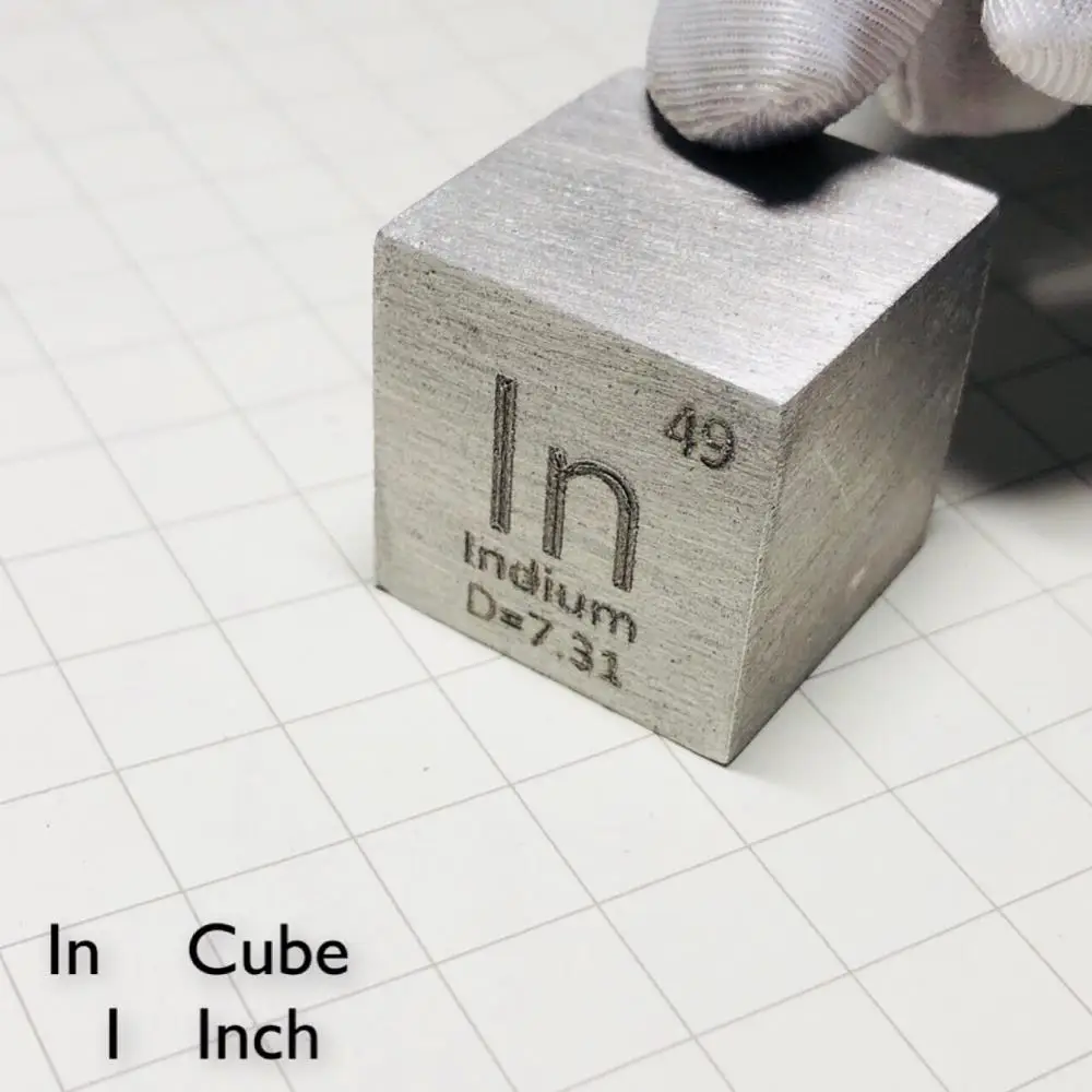 

Indium metal in the periodic table- Cube Side length is one inch (25.4mm) and weight is about 121~122g 99.995%