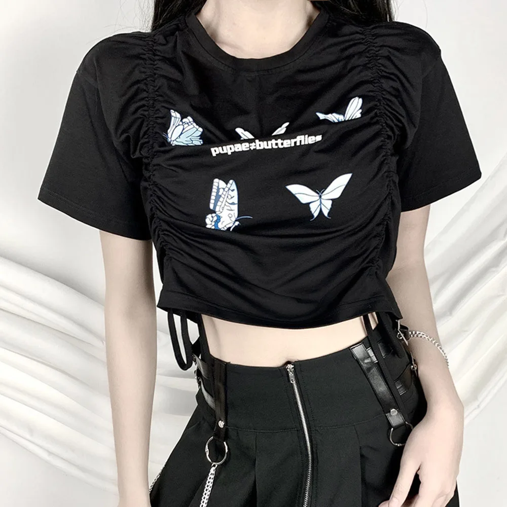

Gothic Women T-Shirt Summer Street Floral Butterfly Print Navel Drawstring Casual Slim Short Tops 2021 Black Tshirts Fashion
