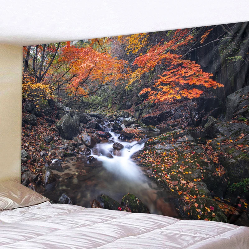 

Forest Pebbles Waterfall Creek Background Hippie Tapestry Living room Farmhouse Dormitory Decoration Big Blanket