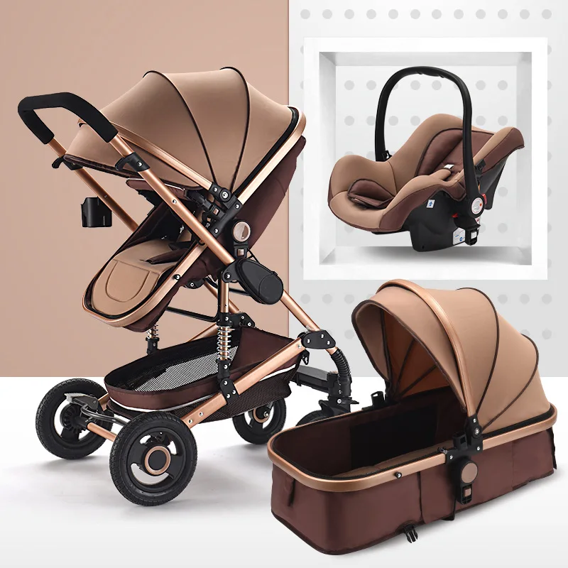 Baby Stroller Multifunctional 3 in 1 High Landscape Folding Carriage Gold Newborn | Мать и ребенок