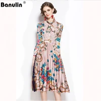 autumn runway designer bow neck pleated dress women long sleeve lace patchwork floral print vintage female elegant midi dress