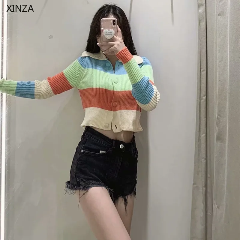 

2021 Za Striped Rib Knit Cardigan Women Autumn Cropped Sweater Long Sleeve Buttoned Vintage Cardigans Woman Fit Knitted Sweaters