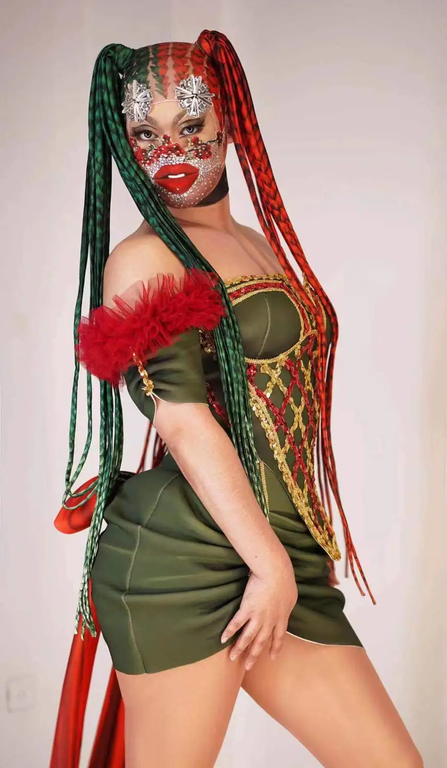 

Green Spandex Short Sleeve Sequins Dress Birthday Celebrate Outfit Nightclub Bar Singer Host Stage Show Performance Costume