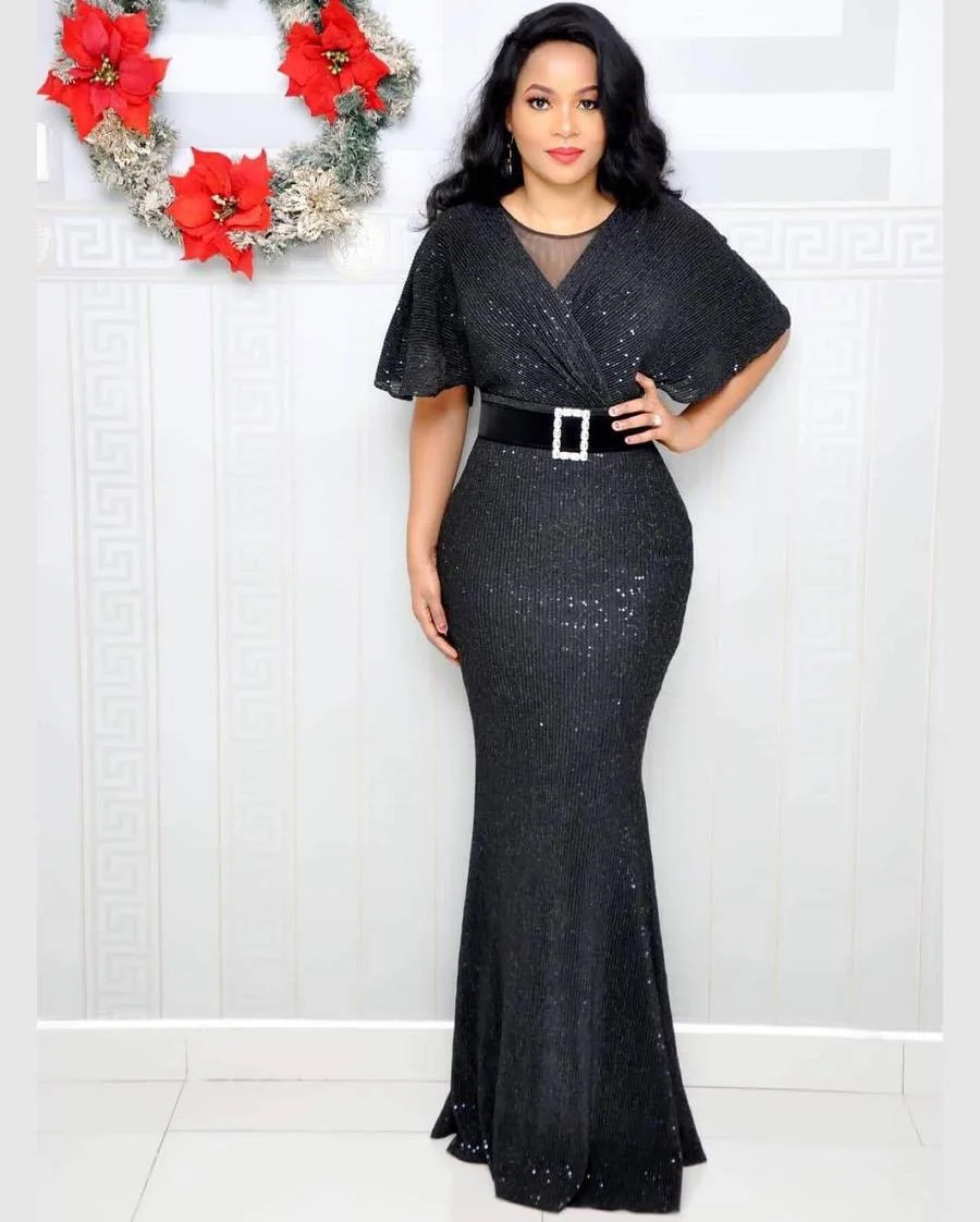 

Women Elegant Dresses Temperament Madam Short Sleeves High Waist Stretch Sequins V-neck Party Club Mermaid Dress Y2K Clothes