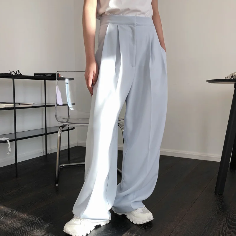 2021 New Women Fashion Loose Solid Color Zipper Fly Straight And Thin Wide-leg High-waist Trousers Spring And Autumn  X361