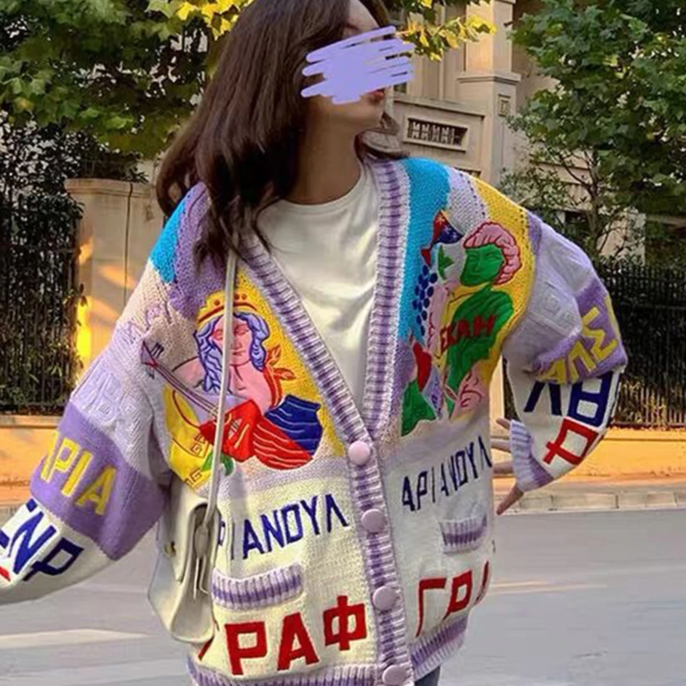 Вязаный кардиган в стиле Харадзюку вязаный свитер пуловер винтажный с вышивкой