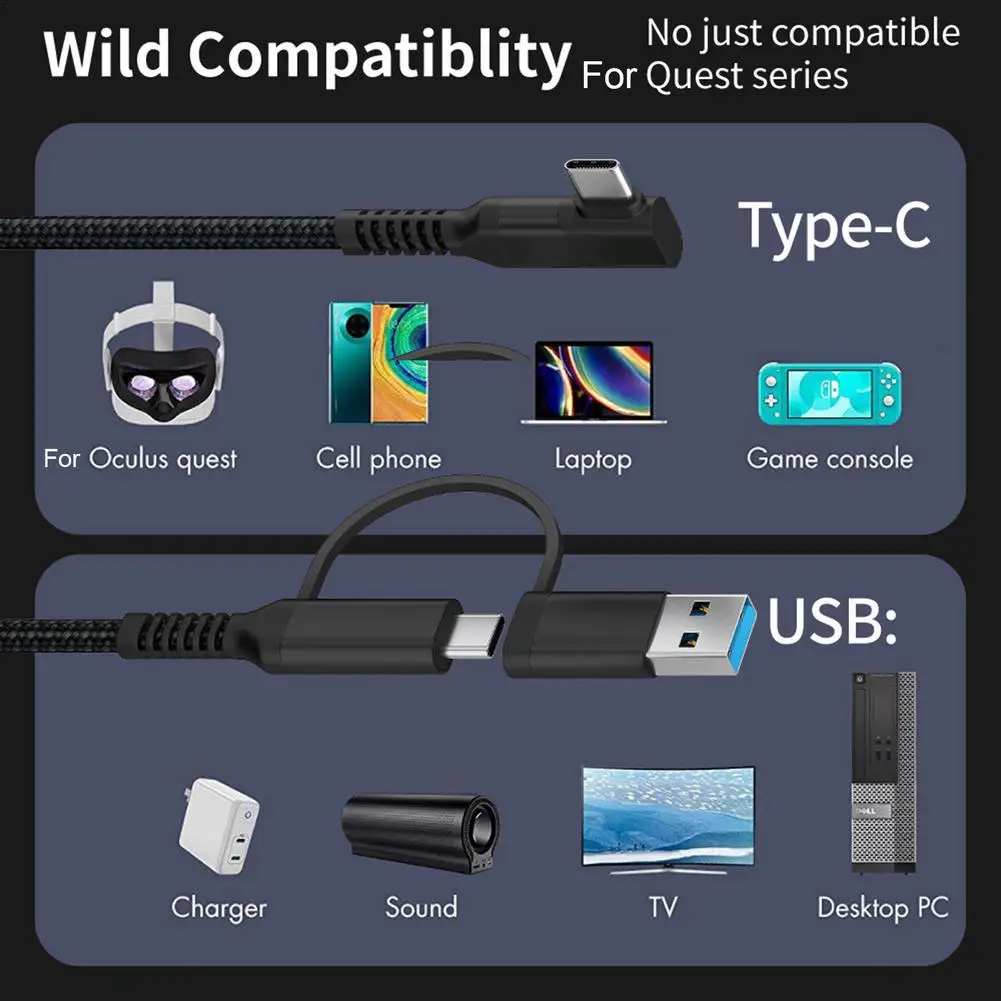 Кабель для передачи данных Link USB- C VR Quest/2 Type- 3 0 5 м прочные кабели быстрой зарядки
