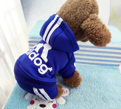 Зимние теплые Pet Одежда с принтом в виде собак Мягкий хлопок четыре ноги толстовка с капюшоном для маленькие собачки Чихуахуа Мопс свитер Костюмы куртка для щенка - Цвет: Dark Blue
