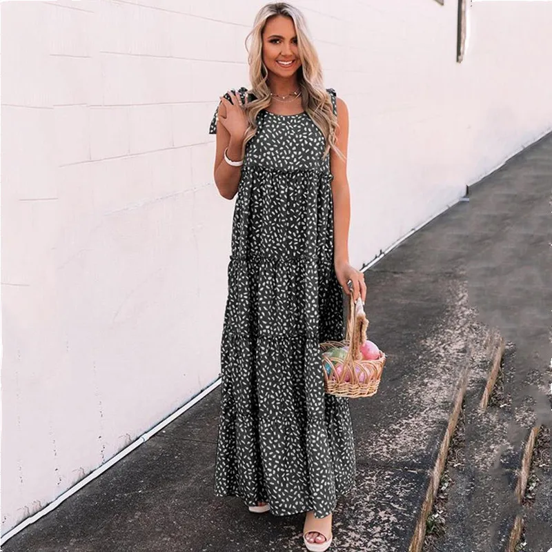 

Loose Boho Ruffle Stitching Sleeveless Maxi Dress For Women 2021 Summer New Sexy Lace-Up Dot Stitching Dress Robes Femme Vestido
