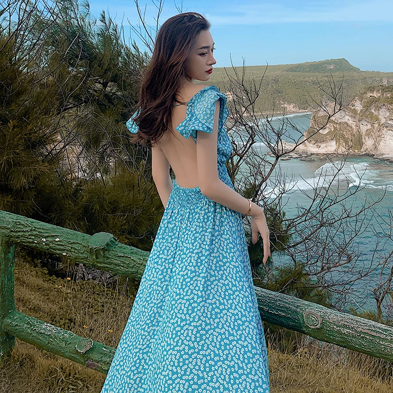 

Summer Long Bohemian Korean Runway 2021 Party Dress Tropical Beach Vacation Sundress Floral Print Blue Women Backless Maxi Dress