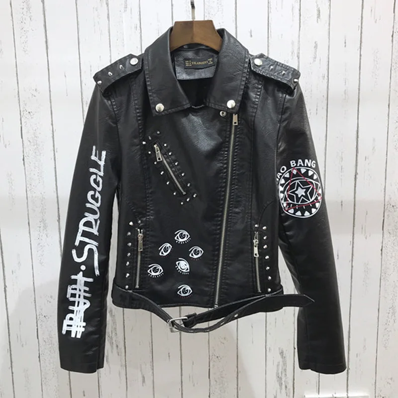 Punk Style Lapel Women's PU Leather Coat Epaulet Belt Printed Motorcycle Wear Faux Soft Leather Outerwear Rivet Short Jacket