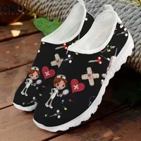 new cartoon nurse doctor print women sneakers slip on light mesh shoes summer breathable flats shoes zapatos planos shoes