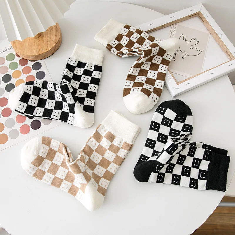 Модные женские шахматные носки в Корейском стиле Харадзюку геометрические