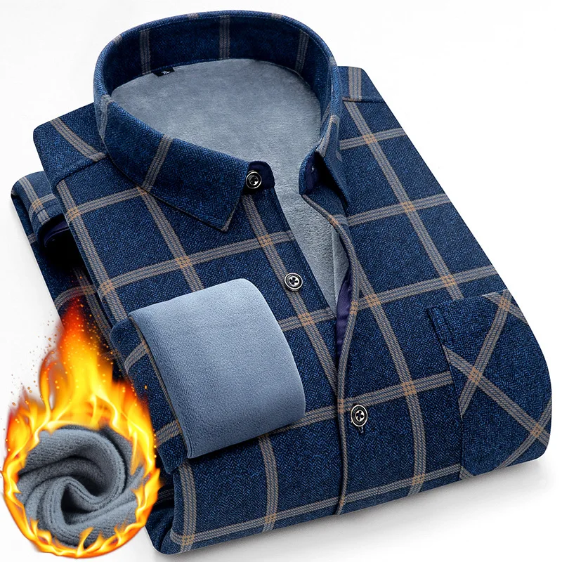 Men Winter Thermal Shirts Warm Fleece Underwear Plaid Flannel Social Thick Tops Long Sleeves Clothes