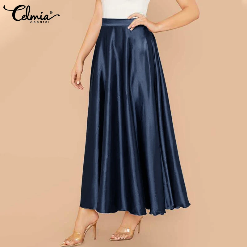 

Celmia Female High Waist Party Maxi Skirt Women's Solid Color Casual Elegant Satin Skirts 2021 Fashion Oversized A-line Jupes