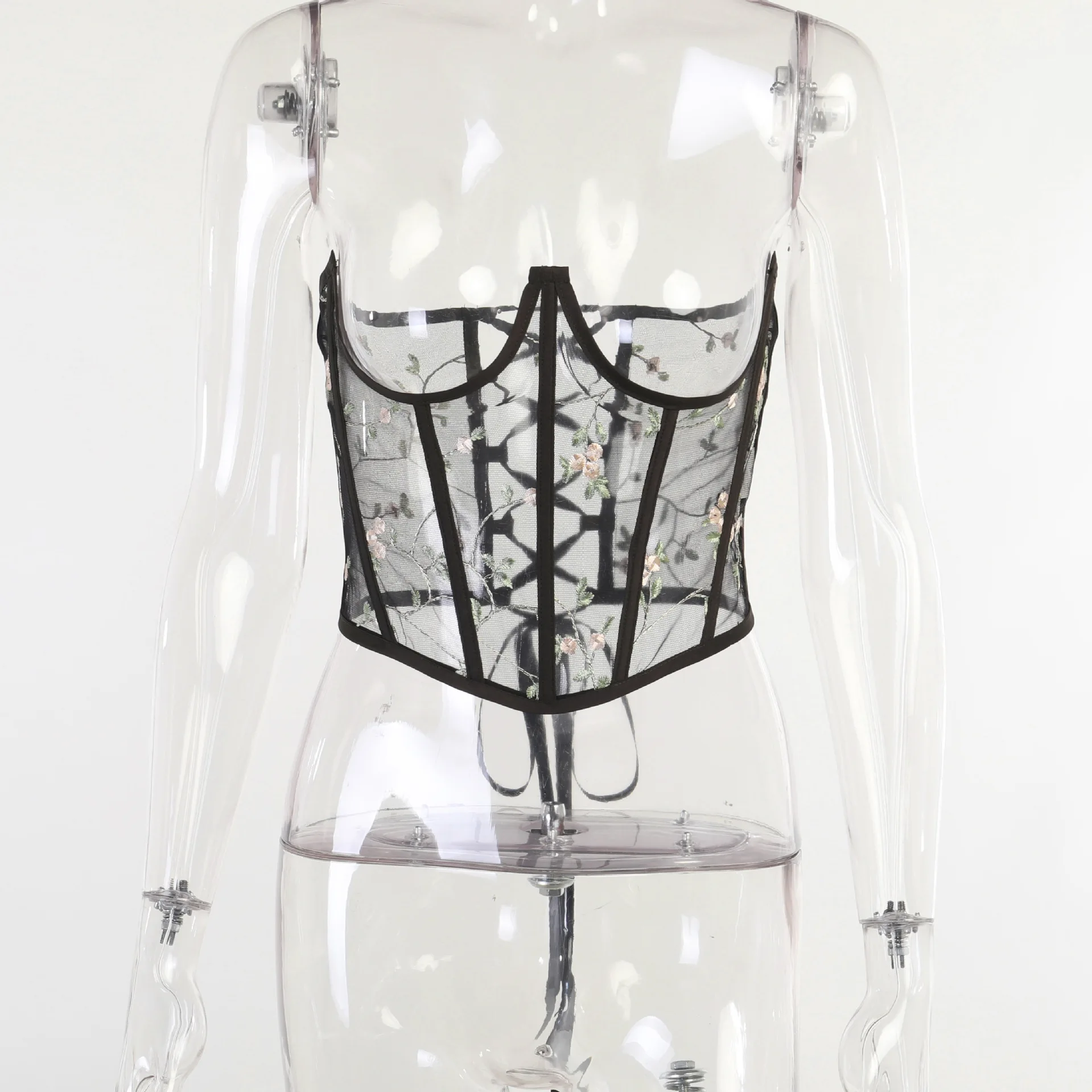 

Mesh Embroidery Bouquet Waistband Corset Fishbone Crop Top 2021 Summer New Fashion Slim Band Girdle Underbust Waist Back Lace Up