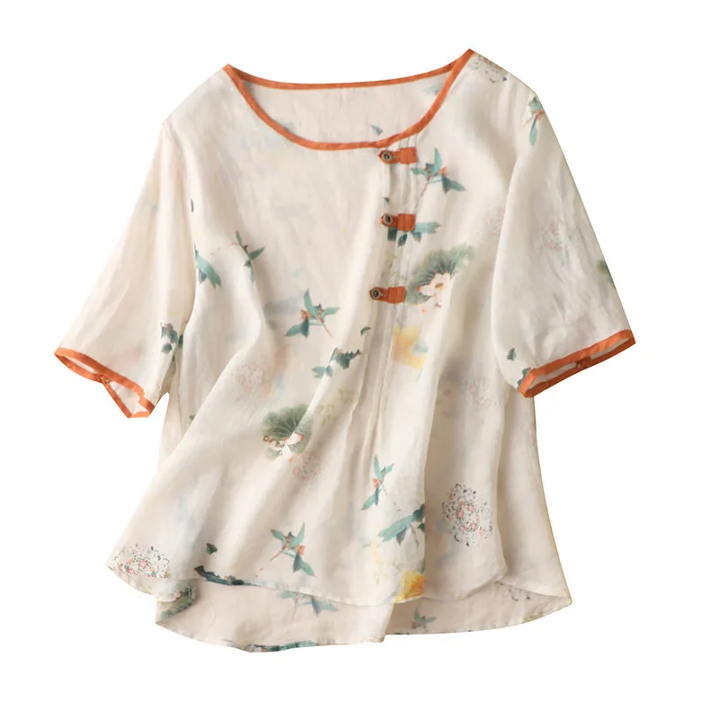 

SHUCHAN Chinese Style Print Women Blouse Ramie O-Neck SHORT Sleeve Blusa Feminina Woman Tops Fashion Shirt