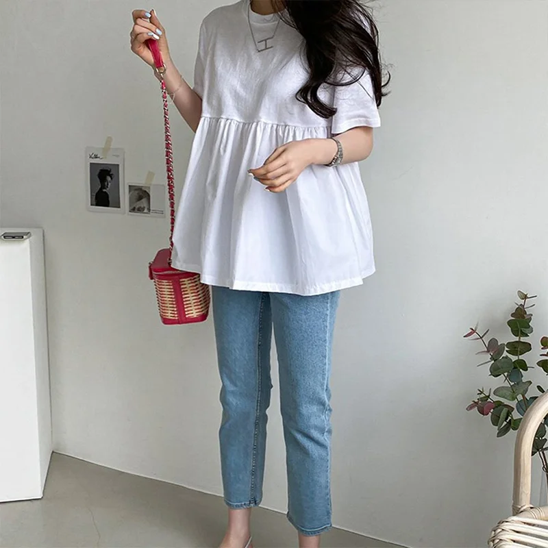 

Women's Tshirt Ruffles Solid Short Sleeve O-neck Girls Tee Top White Black Loose Causal Cute 2021 Summer Harajuku Ladies Tops