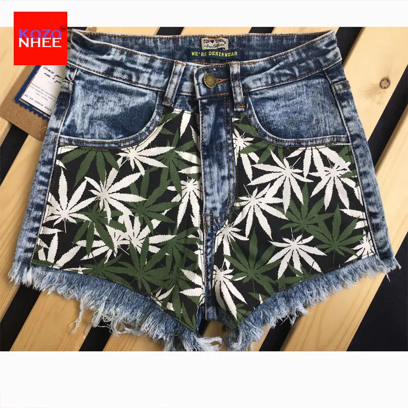 Летние эластичные джинсовые шорты с объемными листьями и высокой талией женские