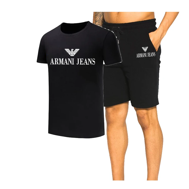 

Fashion Men's Solid Color Round Neck T-Shirt Printed Top And Casual Five-Point Pants Two-Piece Men's Sports Suit Set