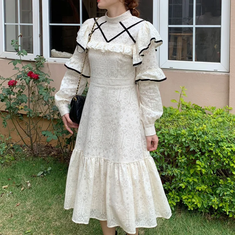

Chic Style Dress For Women Vintage O-neck Long Sleeve Patchwork Ruffles Vintage Mid Dresses Female 2021 Spring Autumn Tide