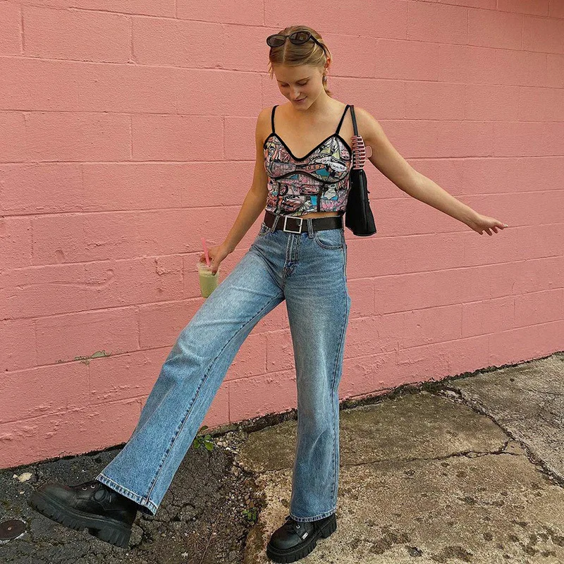 

Cartoon Print Cami Tops E-girl Kawaii Graffiti V-neck Spaghetti Strap Cropped Top Y2K Aesthetics Backless Harajuku Cute Tanks