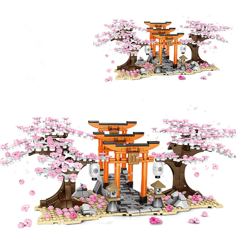 

City Street View Idea Sakura Inari Shrine Model Building Blocks Technic Friends House Tree Girls Education Bricks Toys