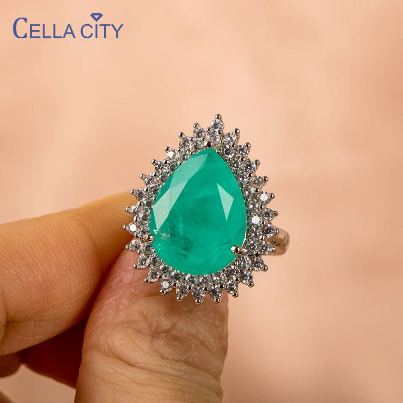 

Cella city Women Silver Ring With big water drop shape Paraiba Tourmaline Gemstone For Charm Lady silver jewelry party gift