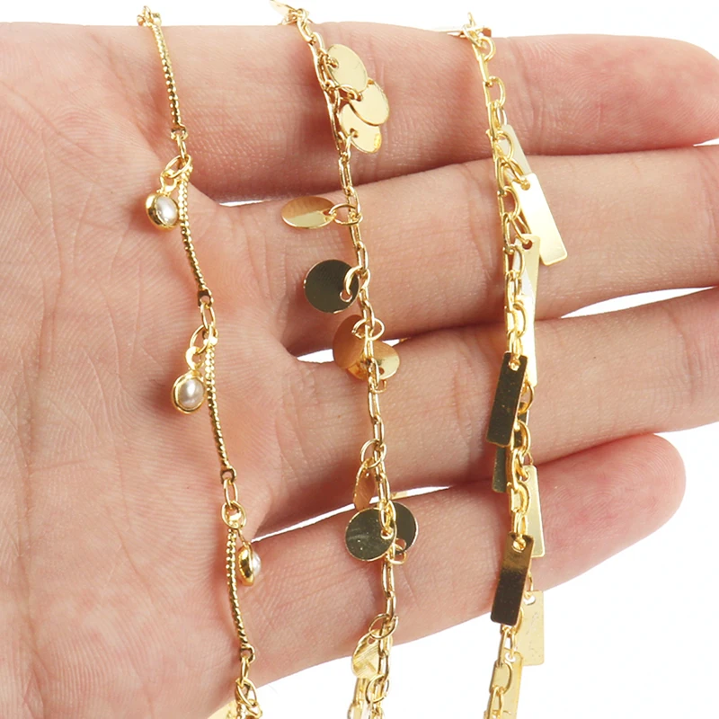 

Stainless Steel Gold Color Chain Round Cube Pearl Beads for Jewelry Making DIY Bracelets Necklaces Ankles Accessories 1Meter