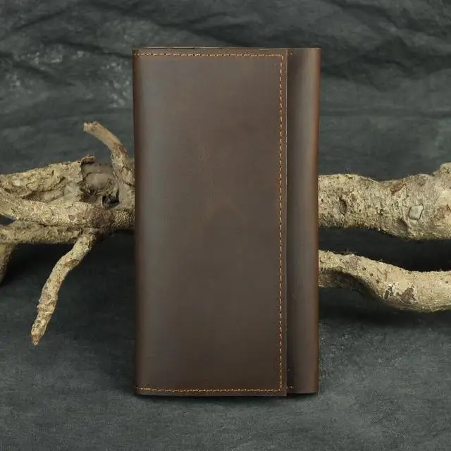 

Handmade Cow Leather Long Wallet Men Crazy Horse Phone Purse Vintage Solid Color Hasp Wallets Card Holder Passport Bag